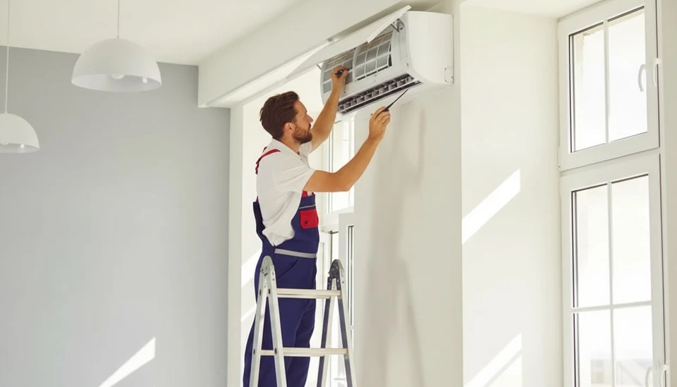 Technicien en combinaison de travail installant une unité de climatisation murale dans un intérieur résidentiel moderne