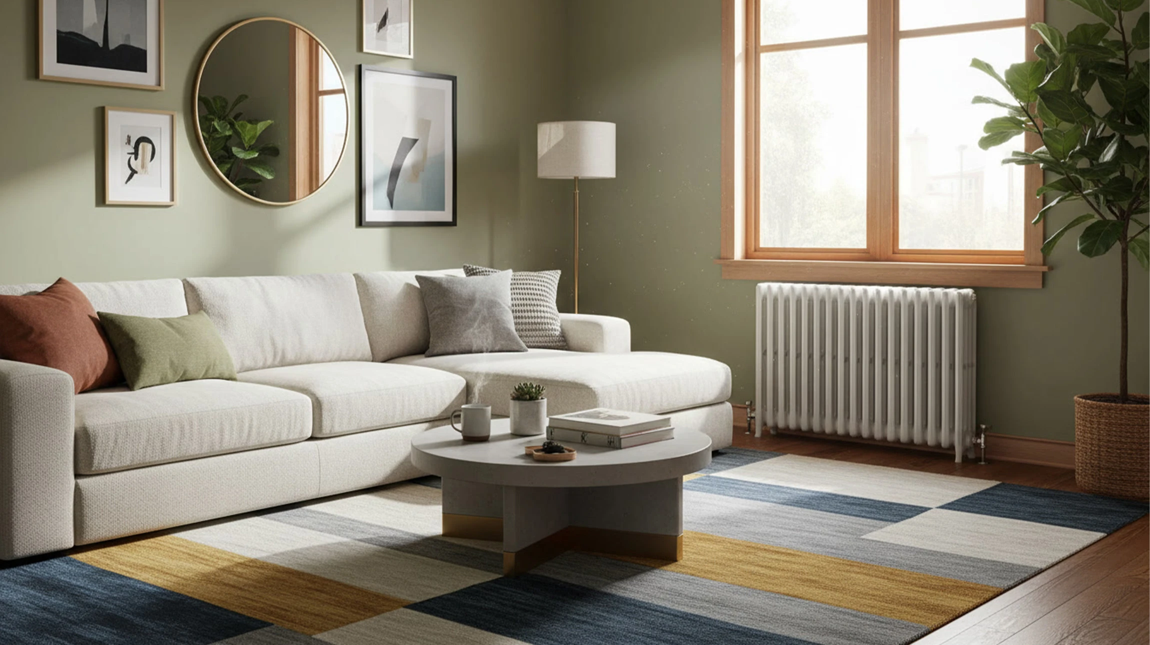 Intérieur résidentiel avec radiateur mural blanc équipé d'une vanne thermostatique