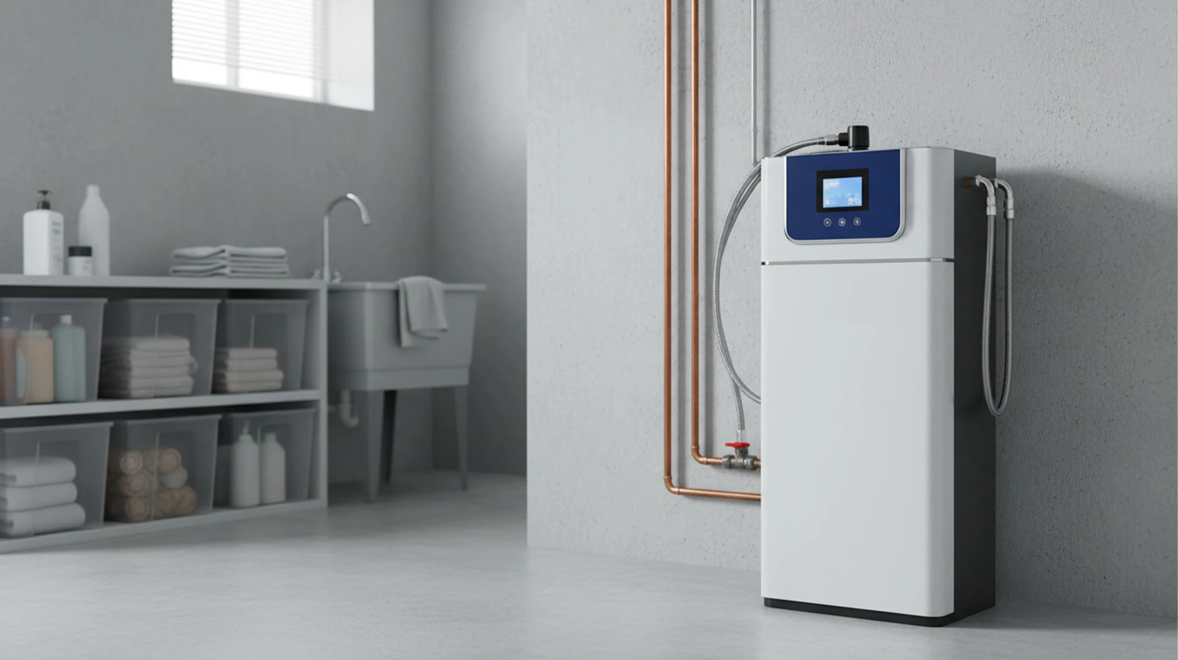 Intérieur carrelé blanc, main masculine manipulant un système de filtration d'eau